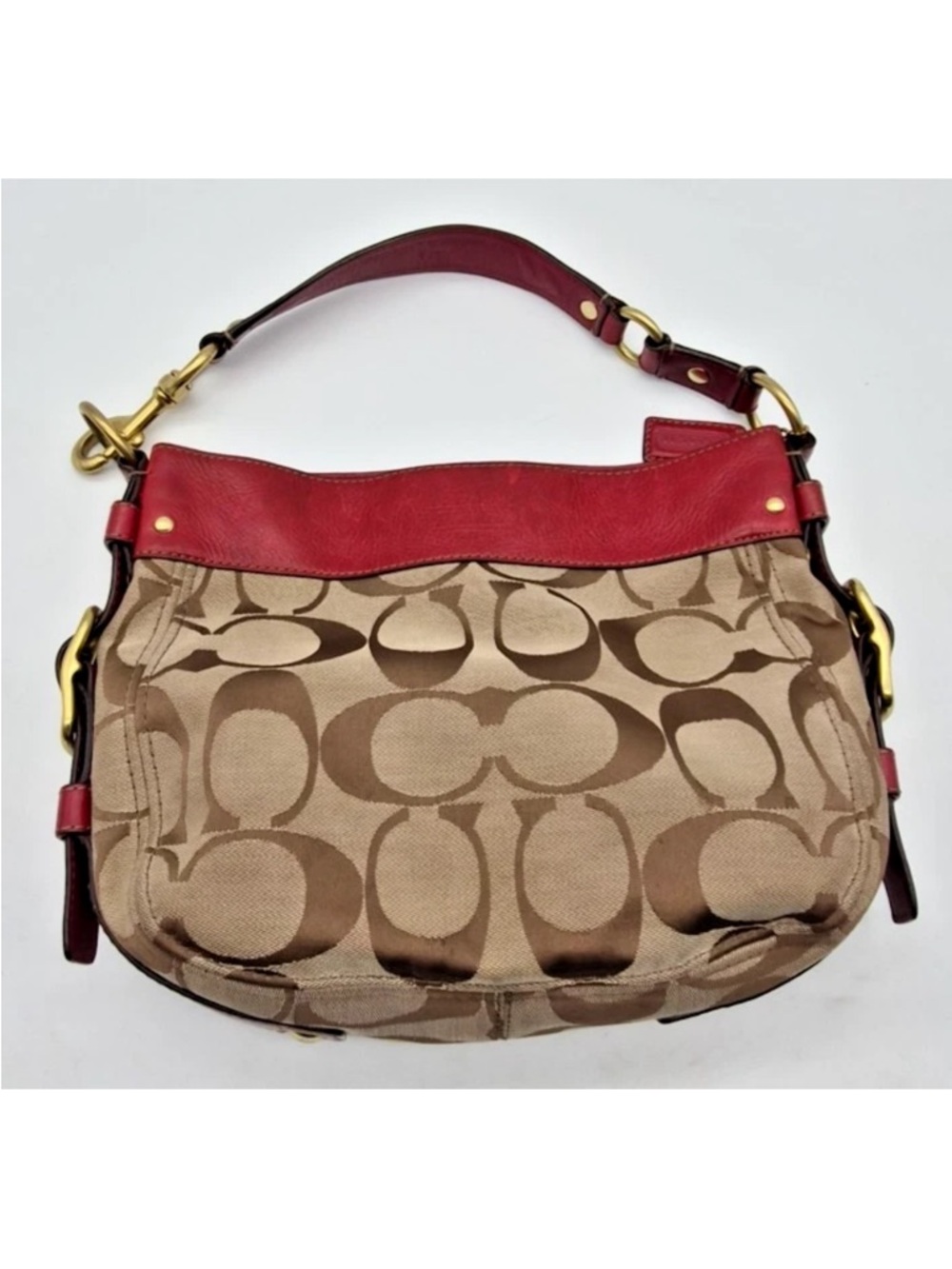 Coach Signature Canvas Hobo with Red Leather Accents